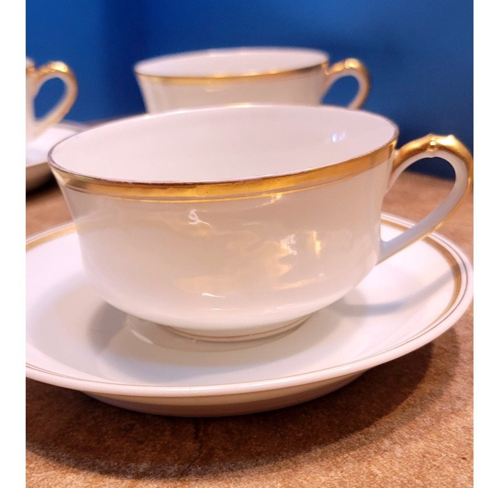 Haviland Limoges France White Gold Trim Porcelain Teacup Saucer Set of 4